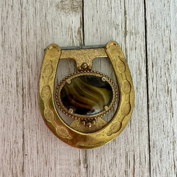 RARE & Unique Vintage Horse Shoe Belt Buckle Marble Stone Centerpiece Gold Tone - Western Belt Buckle - Unique Gift Idea