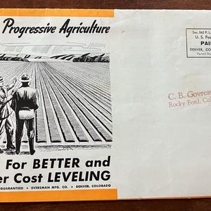 May include: An advertisement for agricultural leveling, featuring two men in hats surveying a field with parallel lines. The text reads "Today's Progressive Agriculture" and "Calls For BETTER and Lower Cost LEVELING."