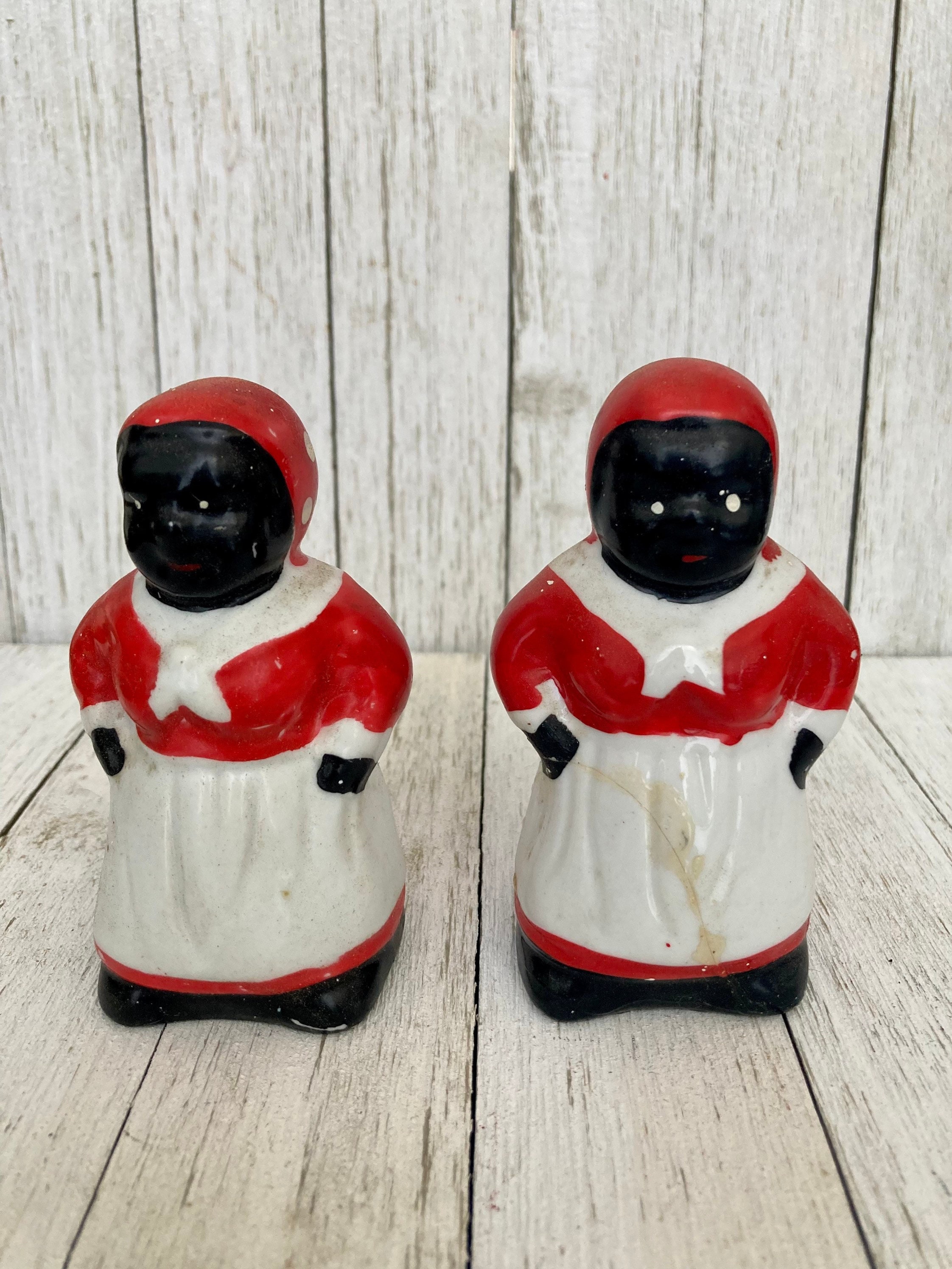 Vintage Porcelain Black Americana Salt & Pepper Shakers Rare Red and White  Salt and Pepper 