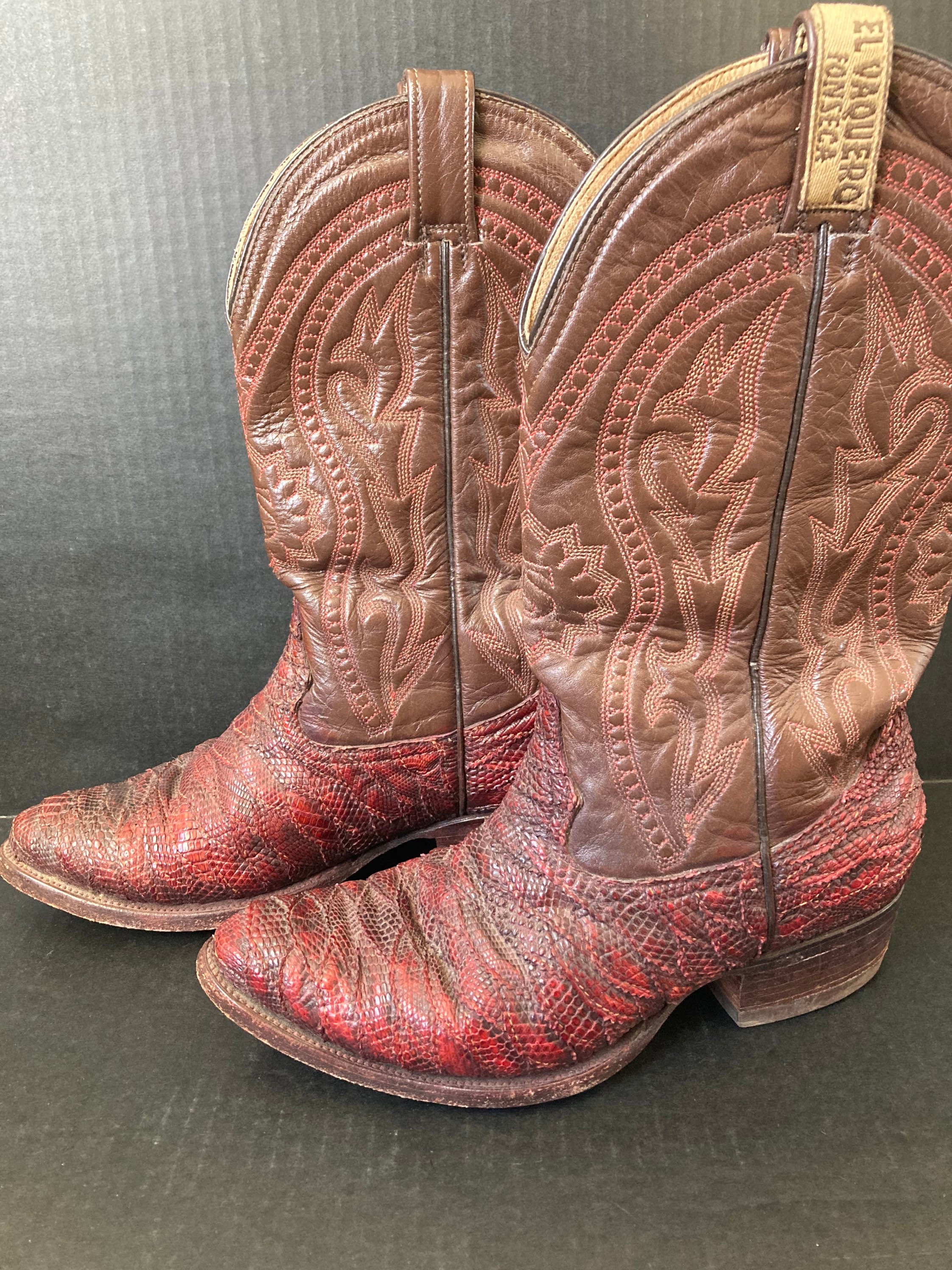 Vintage Men's Leather Cowboy Western Boot Size 9 El Vaquero Fonseca Wine Colored Lizard Skin Schoenen RARE 