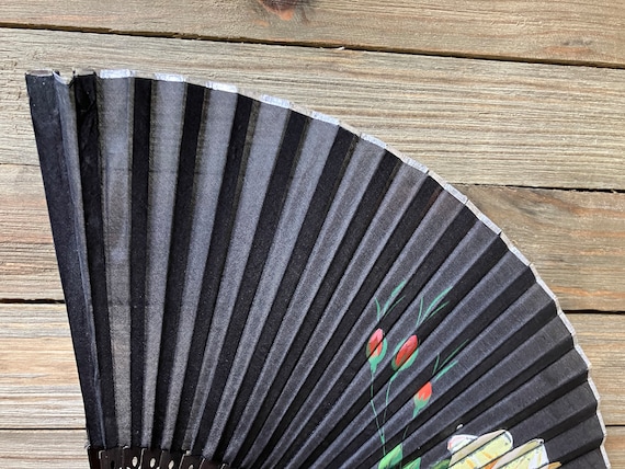 Vintage Hand Painted Hand Fan Roses on Black Clot… - image 8