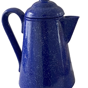 May include: A blue speckled enamelware coffee pot with a lid and handle. The pot has a spout for pouring and a rounded handle. The blue color is speckled with white dots, giving it a vintage look. This coffee pot is perfect for camping or home use.
