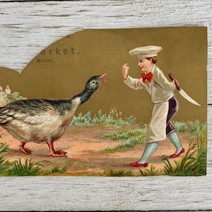 Antike viktorianische Werbung Trade Card -c1880 Junge Koch lockt riesige große Ente Kochmesser