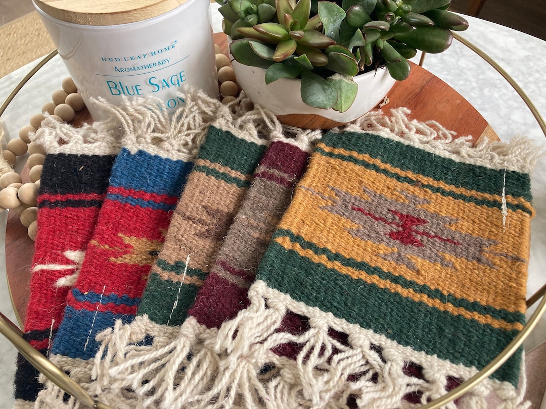 Spring Wool Coasters Southwestern Wool Drink Coaster Oversized Set of 5 - Dark Green, Red ...