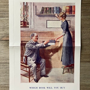 May include: Vintage illustration depicting a scene in a library. A woman in a long dress offers a book to a seated man. Bookshelves with books and prices are in the background. The text reads, "WHICH BOOK WILL YOU BUY FOR THE BLIND MAN?"