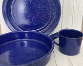 Vintage Blue Speckled Enamelware Set Plate, Pan and Coffee Mug - Farmhouse Decor Camping Cabin Rustic