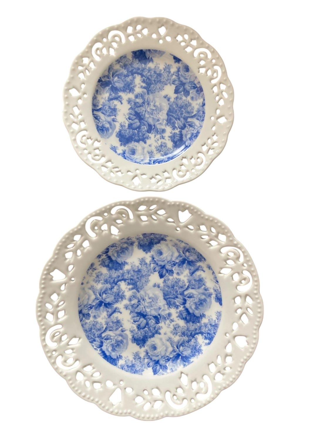 Vintage Rococo Style Decorative Plates Blue and White Set of 2 Lace ...