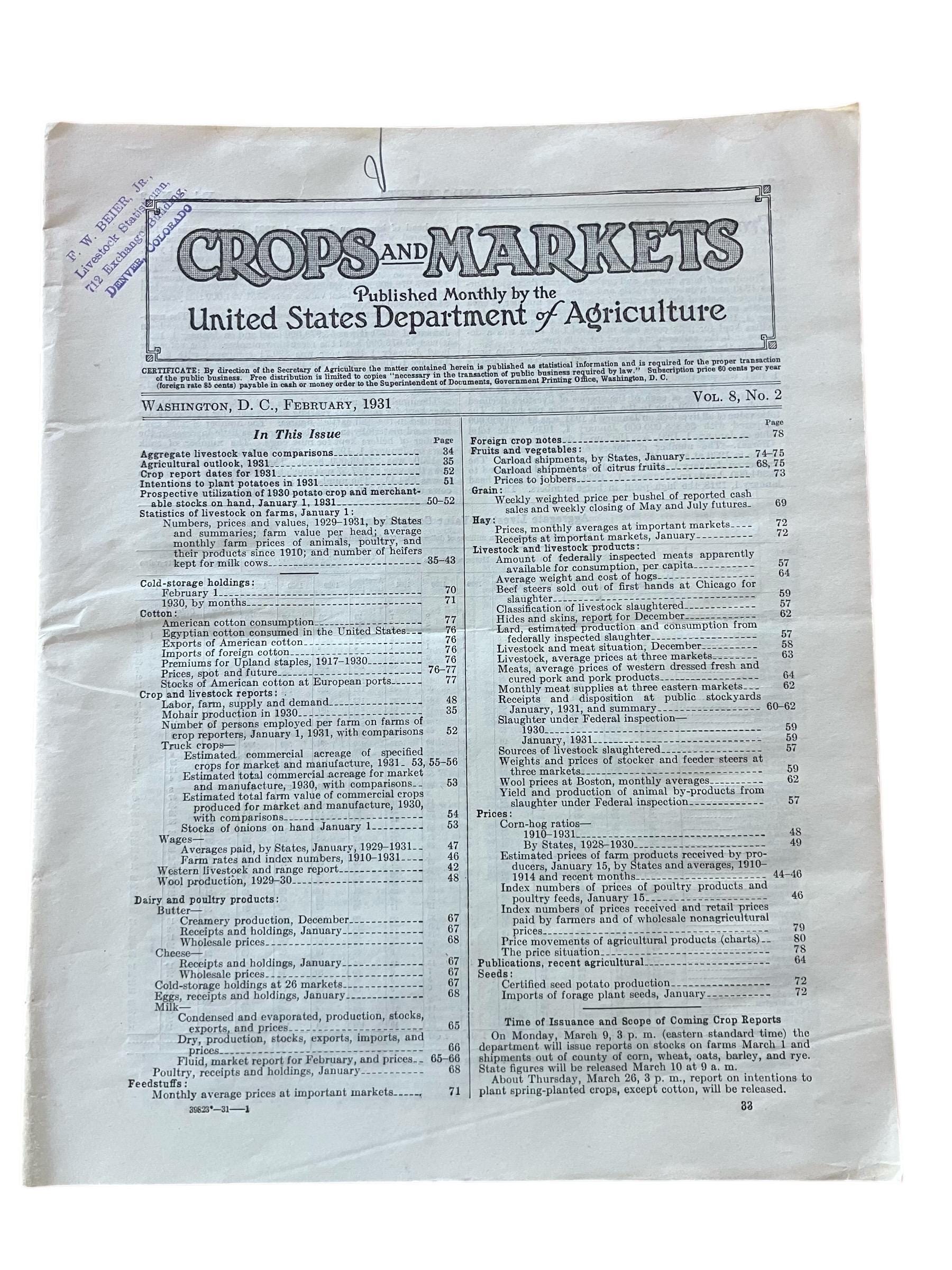 1931 農作物市場 米国農務省 USDA 農作物 家畜価格 証券取引所 牛 羊 トウモロコシ 大豆 綿花 乳製品