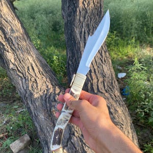 Hand Forged Spanish Navaja Folding Knife Stag Antler Handle, Leather Sheath