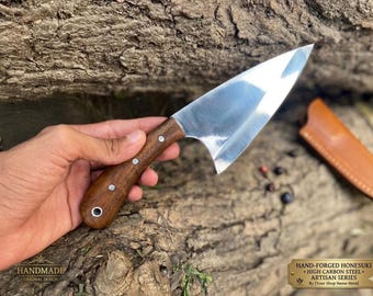 Cuchillo de chef de acero forjado a mano / Mango de madera rústica, funda de cuero