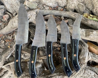 Juego de cuchillos de carnicero de acero de Damasco, personalizados y hechos a mano, con mango de cuerno de búfalo, regalo para el 11.º aniversario.