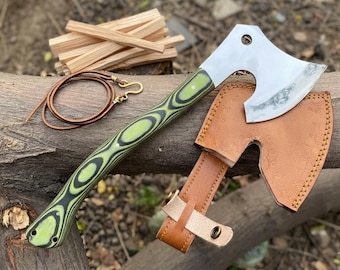 Hacha artesanal de acero al carbono con mango de micarta verde y funda de cuero / Regalo para papá