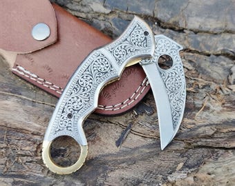 Navaja de bolsillo plegable Karambit grabada a mano / Regalo de aniversario para él, EDC