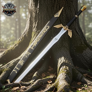 Hand-Forged Medieval-Inspired Sword: Black & Gold Stainless Steel with Scabbard, Medieval Display Collectible, Decorative Battle Blade gift