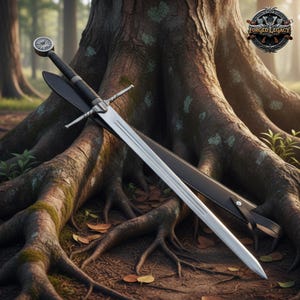 May include: A long, silver sword with a black handle and crossguard, in a black leather sheath. The sword is set against a large tree trunk in a forest. The logo "FORGED LEGACY" is in the upper right corner.