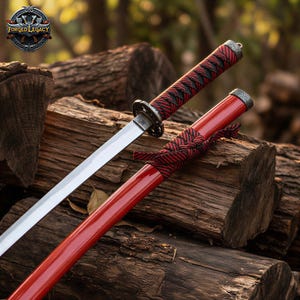 May include: A katana sword with a polished steel blade and a red scabbard. The handle is wrapped in black and red fabric. The sword rests on a pile of wooden logs. The logo "Forged Legacy" is visible in the upper left corner.