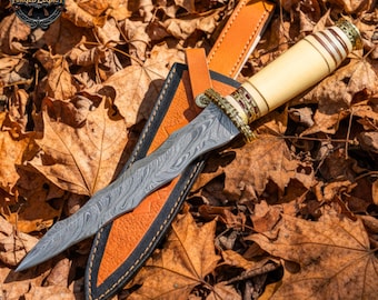 Handcrafted Damascus Steel Dagger– Premium Wavy Blade with camel bone Handle & Leather Sheath | Handmade Knife Collectible Ideal Gift