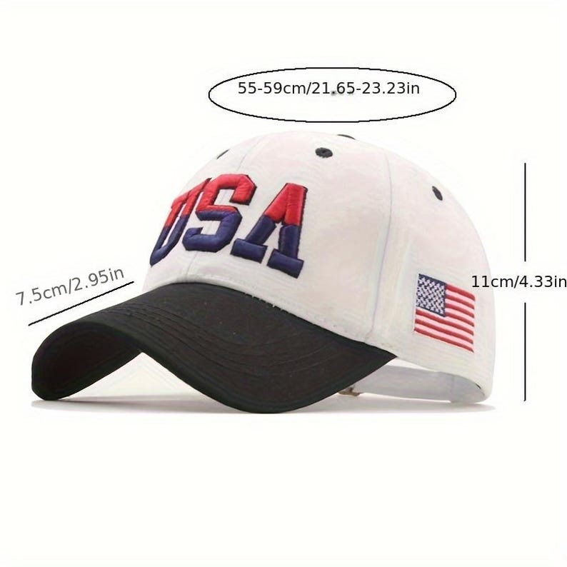 May include: White baseball cap with a black brim. The word "USA" is embroidered in red and blue on the front. An American flag patch is on the side. The cap measures 11cm/4.33in high and 55-59cm/21.65-23.23in in circumference.