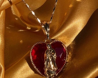 Guadalupe Corazon Rojo Necklace 18K Gold Plated Red Heart Virgen Mary Necklace