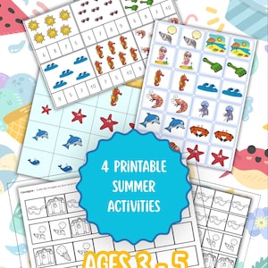 Peut inclure: Quatre feuilles d'activités estivales imprimables pour les enfants de 3 à 5 ans. Les pages présentent des grilles avec des illustrations colorées de soleils, hippocampes, dauphins et vie marine, ainsi que des dessins au trait noir et blanc.