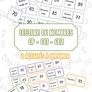 May include: A printable educational worksheet titled LECTURE DE NOMBRES CP-CE1-CE2 featuring 2 ACTIVITÉS À IMPRIMER. The page displays various rectangular cards with French number words and corresponding numerals, scattered against a background of numbers.