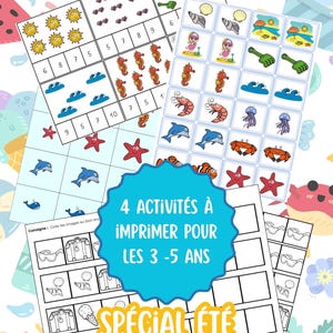 Peut inclure: Un ensemble de fiches d'activités éducatives à imprimer pour enfants avec des illustrations sur le thème de l'été comme des soleils, coquillages, hippocampes et dauphins. Les pages incluent des jeux de comptage et d'association avec le texte 4 ACTIVITÉS À IMPRIMER POUR LES 3 -5 ANS SPÉCIAL ÉTÉ.