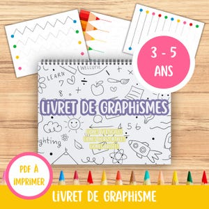 Peut inclure: Un livret d'activités à spirales intitulé LIVRET DE GRAPHISMES avec des illustrations en noir et blanc incluant une fusée, un soleil et des symboles mathématiques. Il contient des feuilles de traçage, marqué 3-5 ANS et PDF A IMPRIMER.