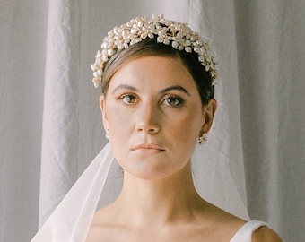 Pearls Bridal Crown, Rhinestone Wedding Headpiece, RICHESSE Style 21001