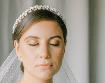 bridal floral vine , wedding headpiece, bridal headpiece, wedding hair vine with clay flowers and rice pearls, DELICES style 21009