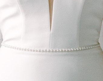 thin pearls sash, pearls wedding sash, pearls brisash, skinny bridal sash, pearls wedding dress sash, bridesmaids sash - COEUR Style 21016