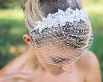 wedding veils, Birdcage veil headband with beaded applique - Pela