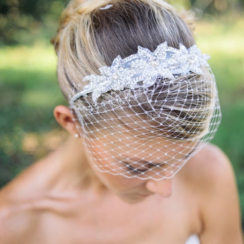 Wedding Veils Birdcage Veil Headband With Beaded Applique Etsy