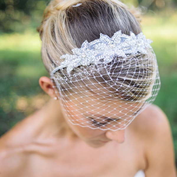 wedding veils, Birdcage veil headband with beaded applique - Pela