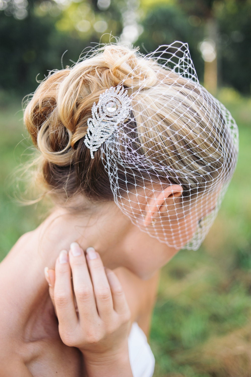 Crystal Ivory Lace Applique Wedding Veil with French Net Birdcage Blusher &  Scattered Crystal Edge