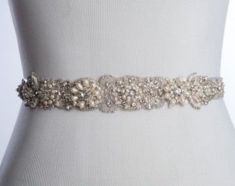 LOANE Bridal belt, wedding dress sash, wedding sash, wedding beaded belt, rhinestone sash, bridal beaded sash with pearls - Style W-SB046