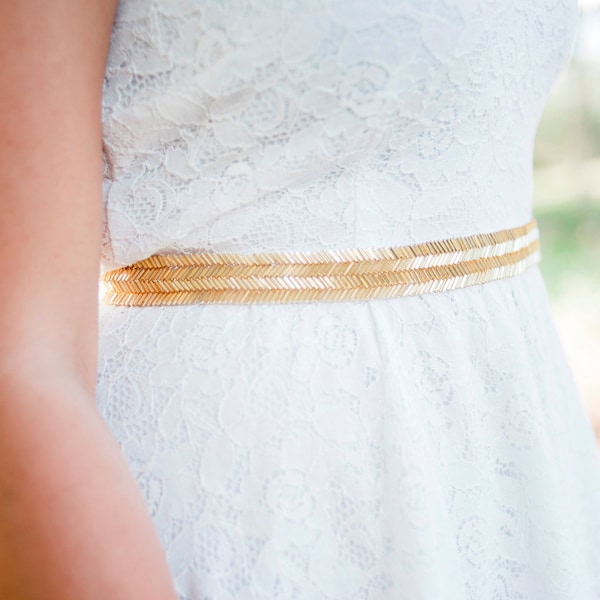 Bea gold wedding sash | gold bridal beaded belt | bridal sash | bridesmaid sash | wedding belt | chevron bridal belt | bridesmaid gold belt