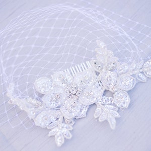 Wedding veils, silver crystal lace Birdcage veil , petite birdcage veil celestyn image 2