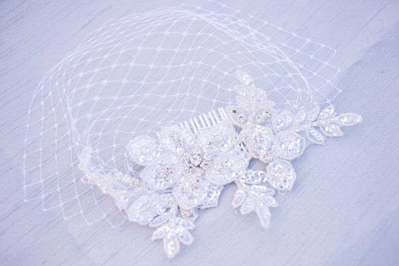 Wedding veils, silver crystal lace Birdcage veil , petite birdcage veil celestyn image 2