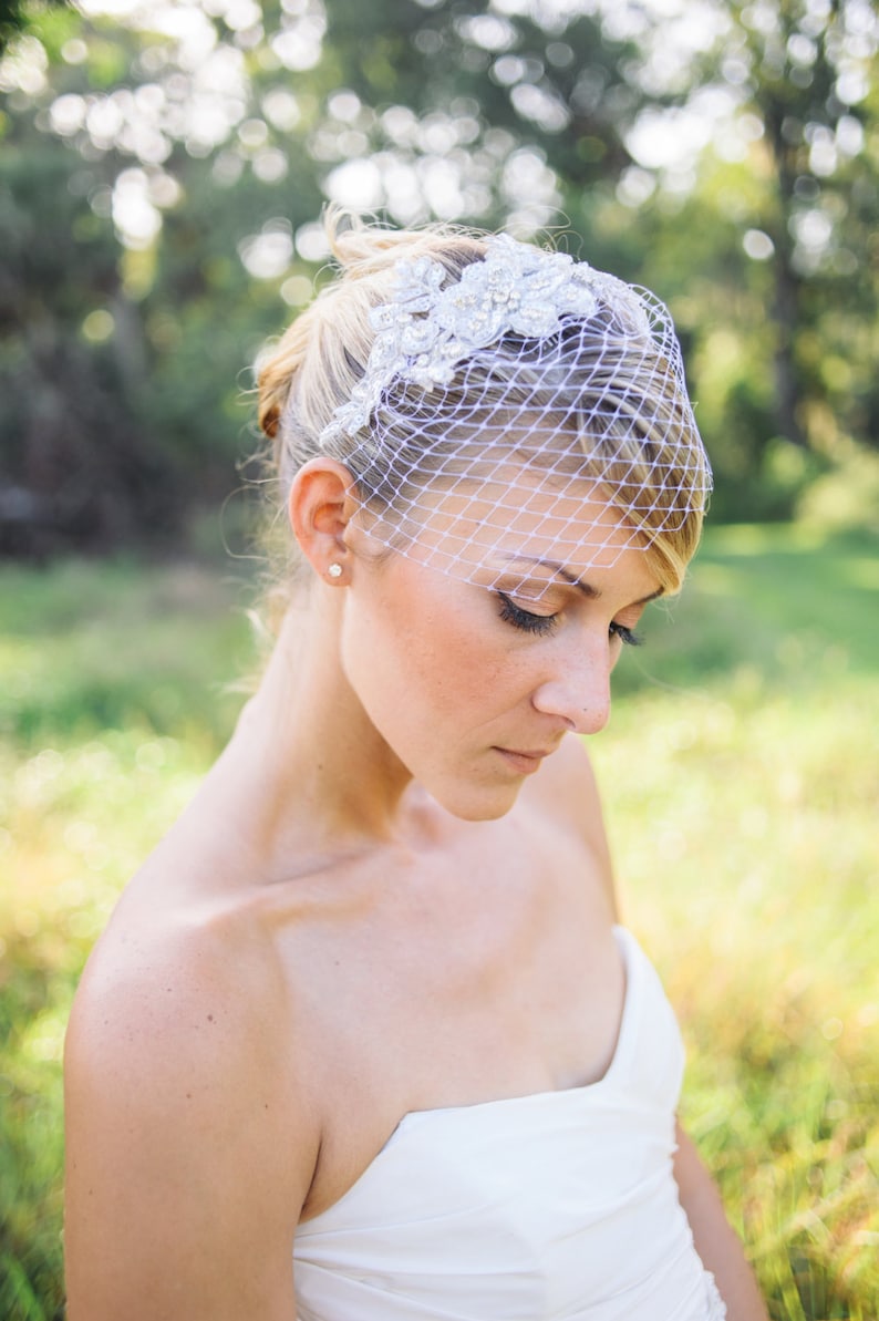 Wedding veils, silver crystal lace Birdcage veil , petite birdcage veil celestyn image 1