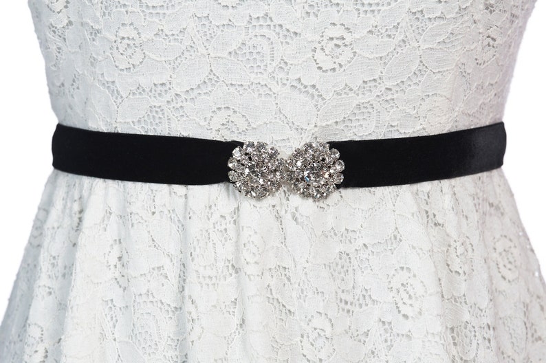 velvet belt with genuine crystal hooks, Bridal sash, wedding sash, crystal sash, rhinestone sash, bridesmaids belt, black velvet belt image 1