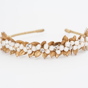 pearls and gold plated leaves headband, wedding crown, bridal headband, vine headbands, wedding pearls headpiece, golden bridal crown image 1