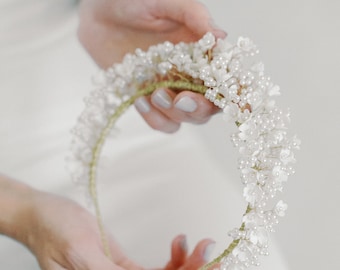 bridal crown, baby breath pearls and clay flowers headpiece