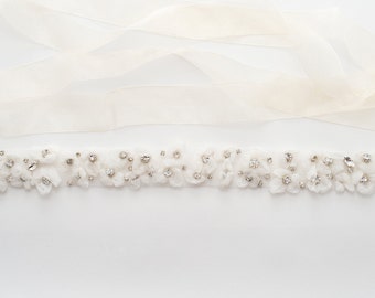 tulle flowers wedding sash, embedded crystal sash, wedding dress sash, tulle crystal sash - limited edition