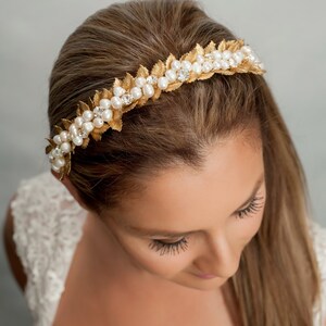 pearls and gold plated leaves headband, wedding crown, bridal headband, vine headbands, wedding pearls headpiece, golden bridal crown image 2