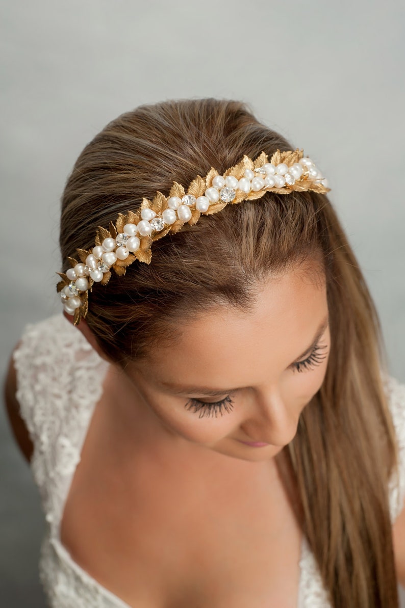 pearls and gold plated leaves headband, wedding crown, bridal headband, vine headbands, wedding pearls headpiece, golden bridal crown image 2