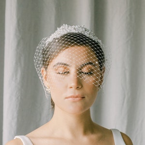 bridal headband veils, wedding birdcage veil, headband Birdcage veil with pearls beading-SOLEIL style 21028