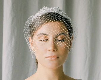 bridal headband veils, wedding birdcage veil, headband Birdcage veil with pearls beading-SOLEIL style 21028