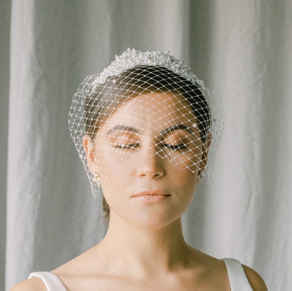 Elegant Pearl Beaded Bridal Headband with Birdcage Veil | Bachelorette & Wedding Pearl Birdcage Veil, Bridal Headband, Wedding Face Veil  main image 4