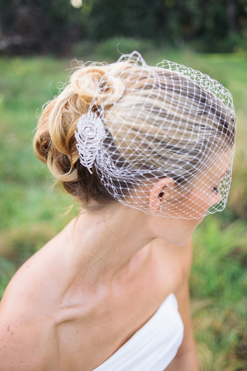 Veil, Birdcage veil with peacock rhinestone comb, bridal veil, wedding veil, crystal birdcage, bridal hair comb ORSA image 3