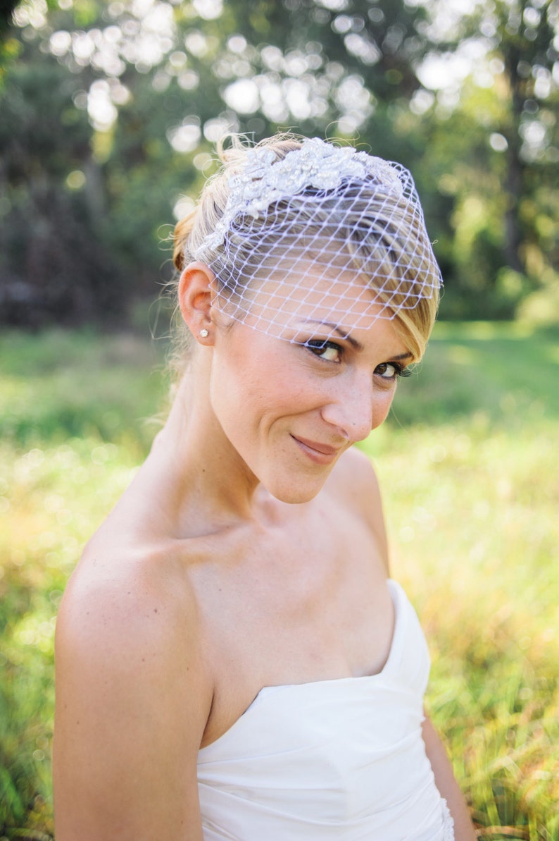 Wedding veils, silver crystal lace Birdcage veil , petite birdcage veil celestyn image 3